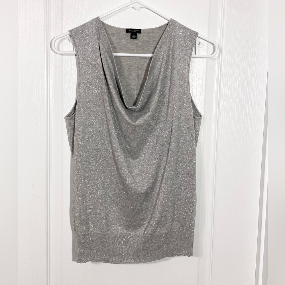 Ann Taylor Metallic Silver Cowl Neck Sleeveless Sweater Size Small